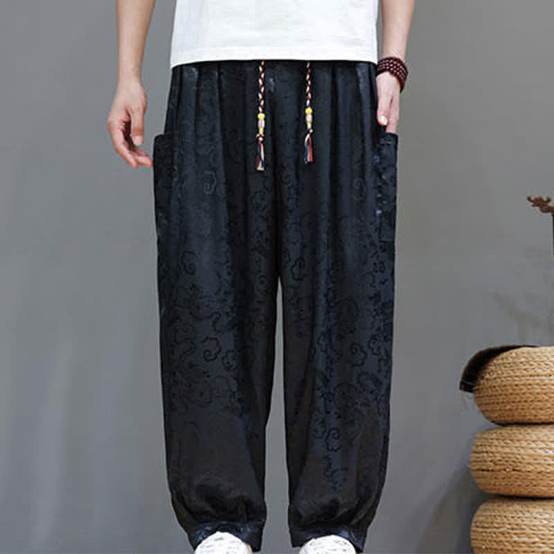 Buddha Stones Summer Drawstring Cloud Pattern Solid Elastic Waist Men's Harem Pants With Pockets - image 5