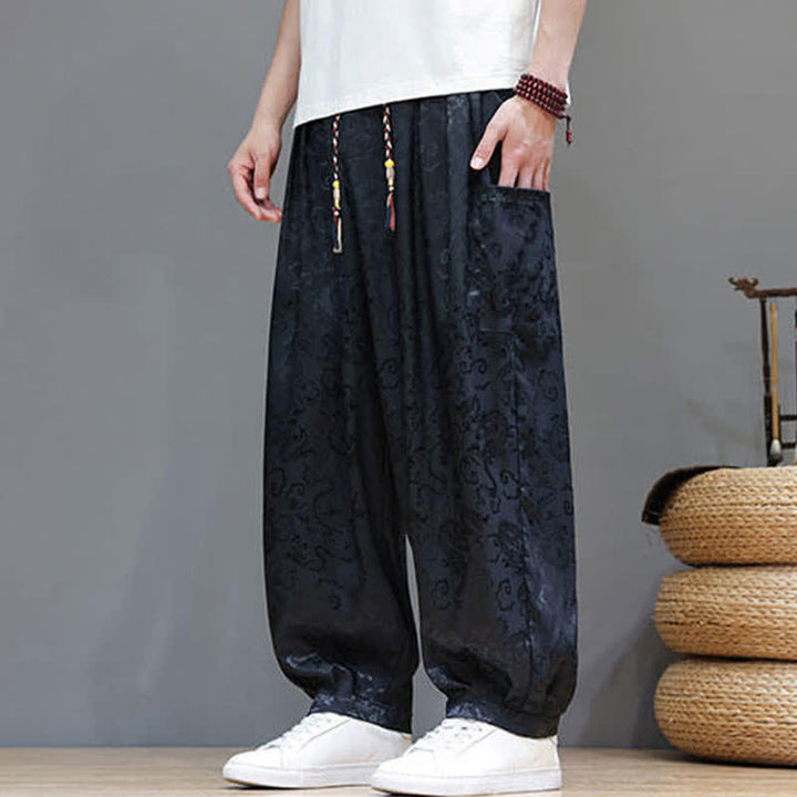 Buddha Stones Summer Drawstring Cloud Pattern Solid Elastic Waist Men's Harem Pants With Pockets - image 1