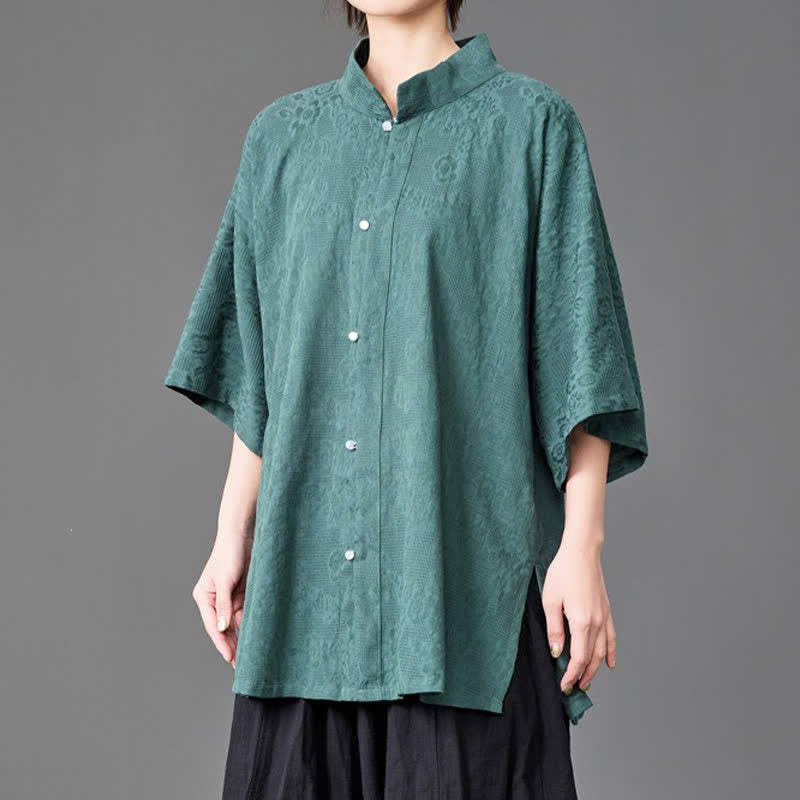 Buddha Stones Summer Minimalist Mandarin Collar Button-Up Solid Men's Three-Quarter Sleeve Shirts - image 10