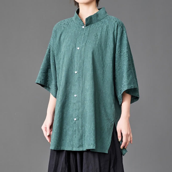 Buddha Stones Summer Minimalist Mandarin Collar Button-Up Solid Men's Three-Quarter Sleeve Shirts - image 10