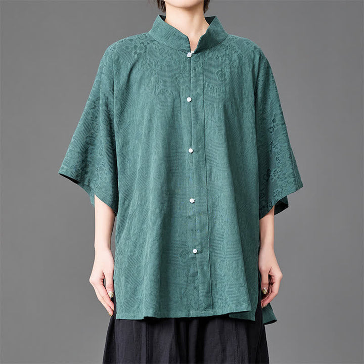 Buddha Stones Summer Minimalist Mandarin Collar Button-Up Solid Men's Three-Quarter Sleeve Shirts - image 9