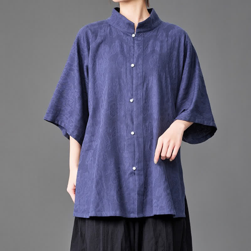 Buddha Stones Summer Minimalist Mandarin Collar Button-Up Solid Men's Three-Quarter Sleeve Shirts - image 4