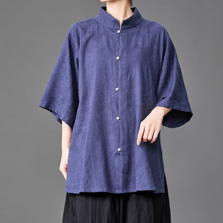Buddha Stones Summer Minimalist Mandarin Collar Button-Up Solid Men's Three-Quarter Sleeve Shirts - image 4