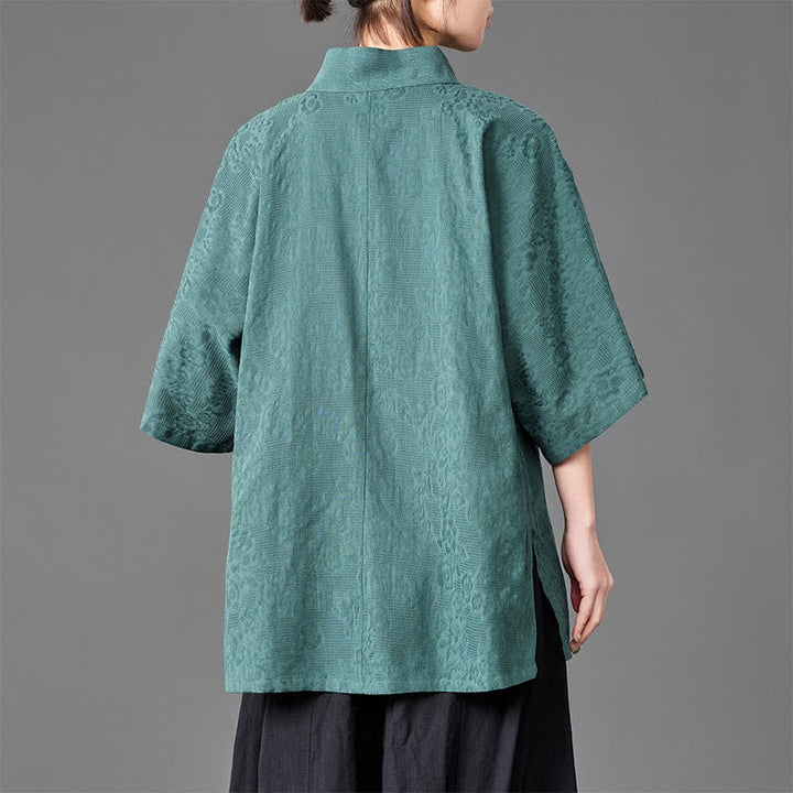 Buddha Stones Summer Minimalist Mandarin Collar Button-Up Solid Men's Three-Quarter Sleeve Shirts - image 7