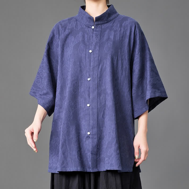 Buddha Stones Summer Minimalist Mandarin Collar Button-Up Solid Men's Three-Quarter Sleeve Shirts - image 5