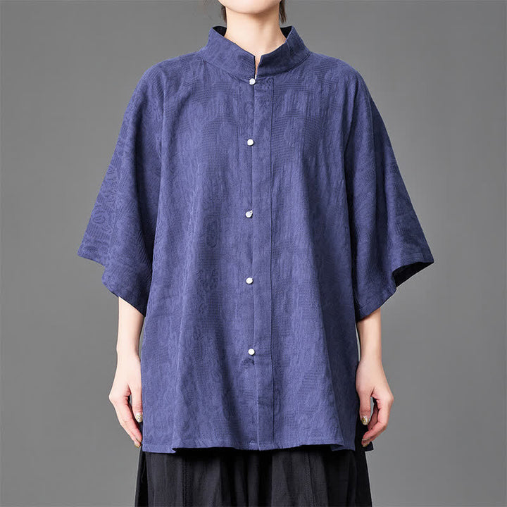 Buddha Stones Summer Minimalist Mandarin Collar Button-Up Solid Men's Three-Quarter Sleeve Shirts - image 2