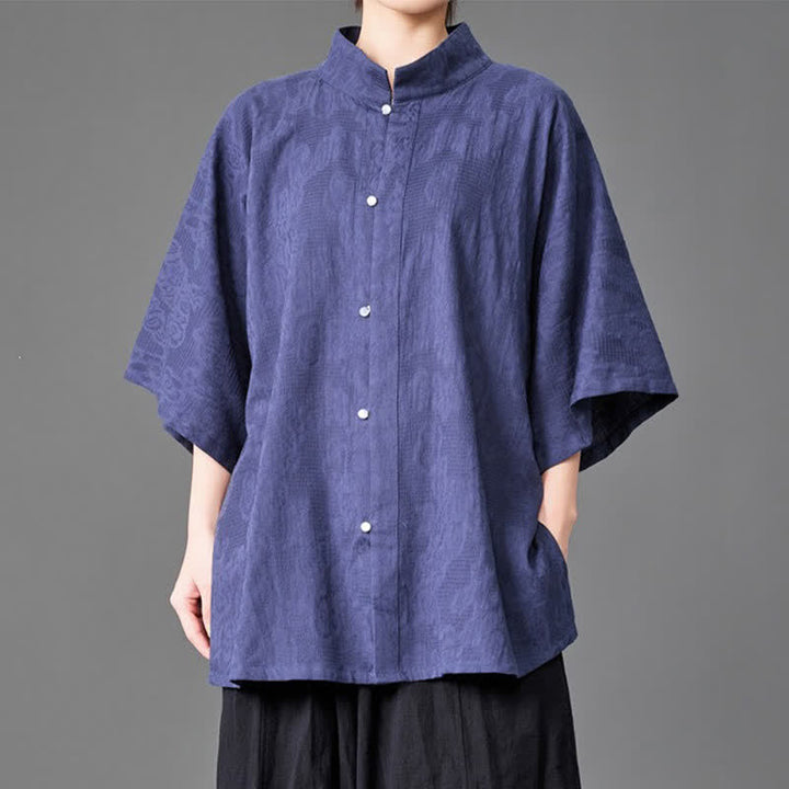 Buddha Stones Summer Minimalist Mandarin Collar Button-Up Solid Men's Three-Quarter Sleeve Shirts - image 3