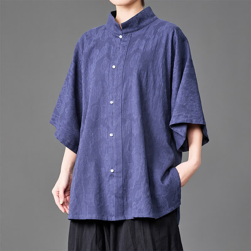 Buddha Stones Summer Minimalist Mandarin Collar Button-Up Solid Men's Three-Quarter Sleeve Shirts - Indigo - US/UK/AU46，EU56 (5XL) - image 0