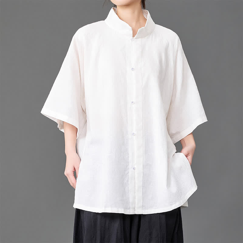 Buddha Stones Summer Minimalist Mandarin Collar Button-Up Solid Men's Three-Quarter Sleeve Shirts - White - US/UK/AU46，EU56 (5XL) - image 11