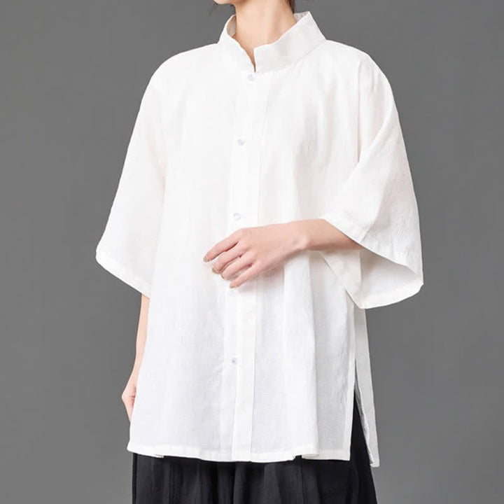 Buddha Stones Summer Minimalist Mandarin Collar Button-Up Solid Men's Three-Quarter Sleeve Shirts - image 16