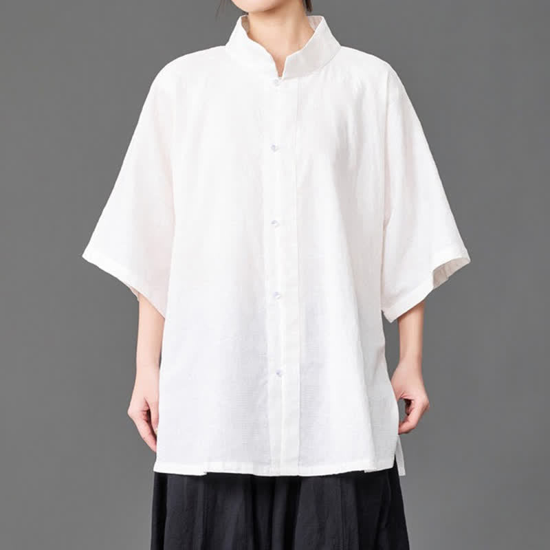 Buddha Stones Summer Minimalist Mandarin Collar Button-Up Solid Men's Three-Quarter Sleeve Shirts - image 13