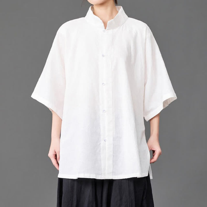 Buddha Stones Summer Minimalist Mandarin Collar Button-Up Solid Men's Three-Quarter Sleeve Shirts - image 13