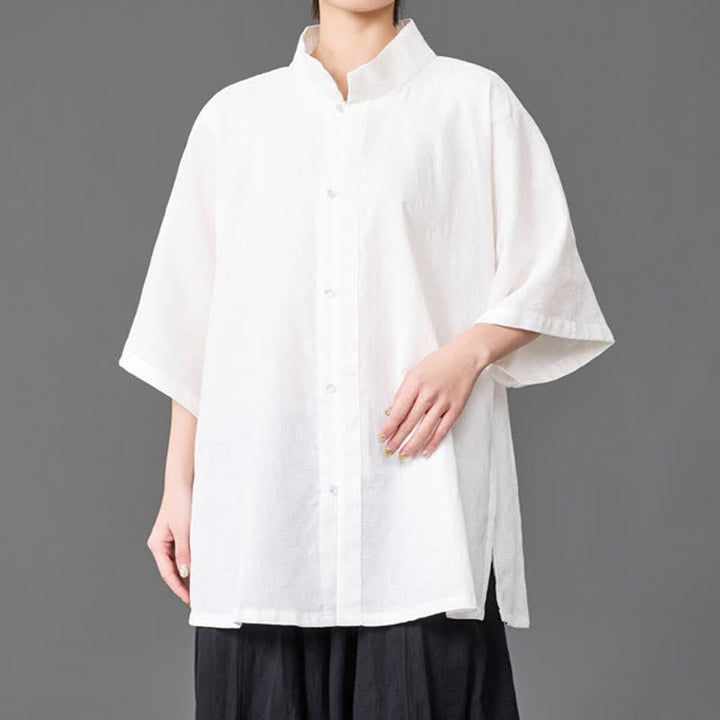 Buddha Stones Summer Minimalist Mandarin Collar Button-Up Solid Men's Three-Quarter Sleeve Shirts - image 14