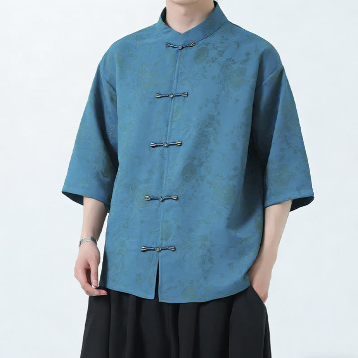Buddha Stones Summer Tang Style Mandarin Collar Frog Button Side Slit Solid Men's Elbow-Length Sleeve Shirts - image 2