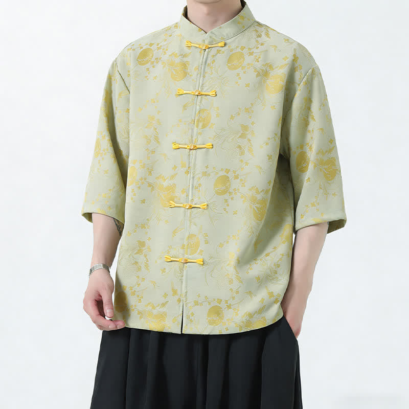 Buddha Stones Summer Tang Style Mandarin Collar Frog Button Side Slit Solid Men's Elbow-Length Sleeve Shirts - image 8
