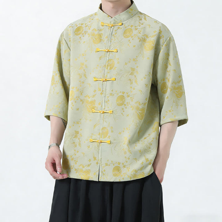 Buddha Stones Summer Tang Style Mandarin Collar Frog Button Side Slit Solid Men's Elbow-Length Sleeve Shirts - image 8
