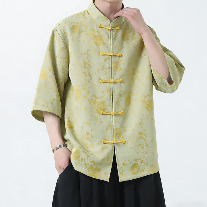 Buddha Stones Summer Tang Style Mandarin Collar Frog Button Side Slit Solid Men's Elbow-Length Sleeve Shirts - LightGoldenRodYellow - US/UK/AU46，EU56 (5XL) - image 6