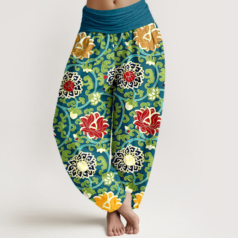 Buddha Stones Pure Cotton Bohemian Lotus Vine Pattern Women's Elastic Waist Harem Pants - image 0
