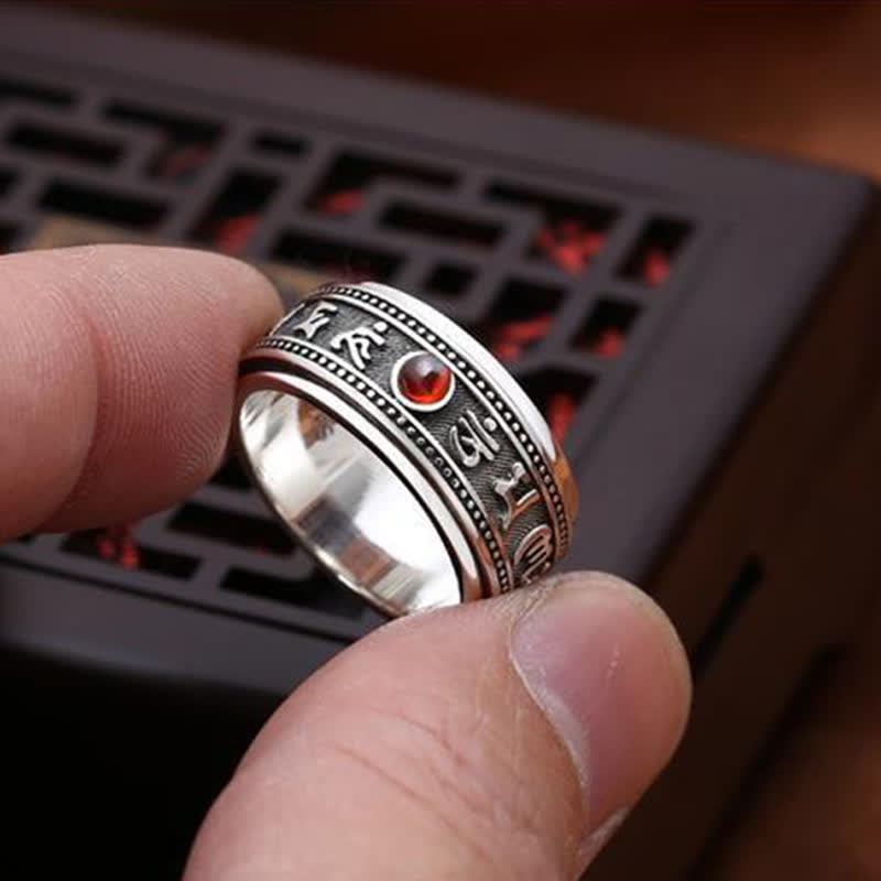 Buddha Stones Garnet Om Mani Padme Hum Copper Rotatable Peace Ring - image 11
