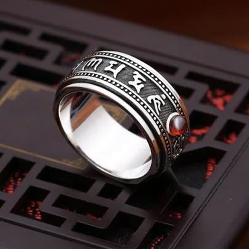 Buddha Stones Garnet Om Mani Padme Hum Copper Rotatable Peace Ring - image 3