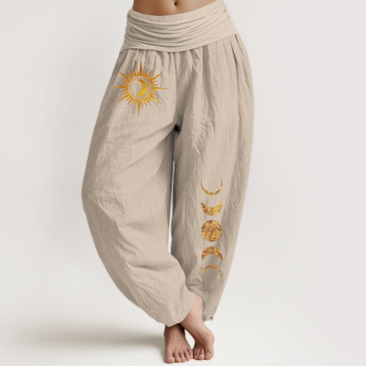 Buddha Stones Pure Cotton Gold Sun Moon Phases Pattern Women's Elastic Waist Harem Pants - Tan - US16，UK/AU20，EU48 (3XL) - image 5