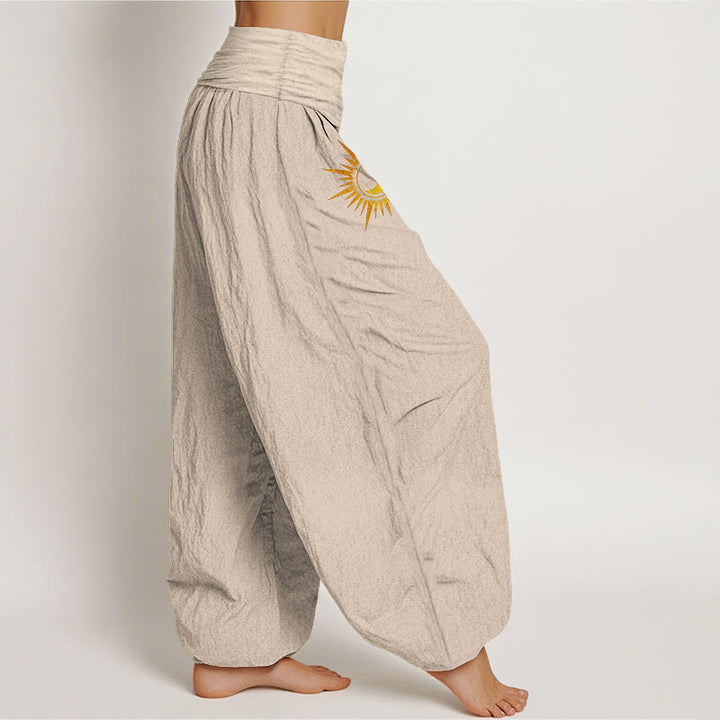 Buddha Stones Pure Cotton Gold Sun Moon Phases Pattern Women's Elastic Waist Harem Pants - image 6