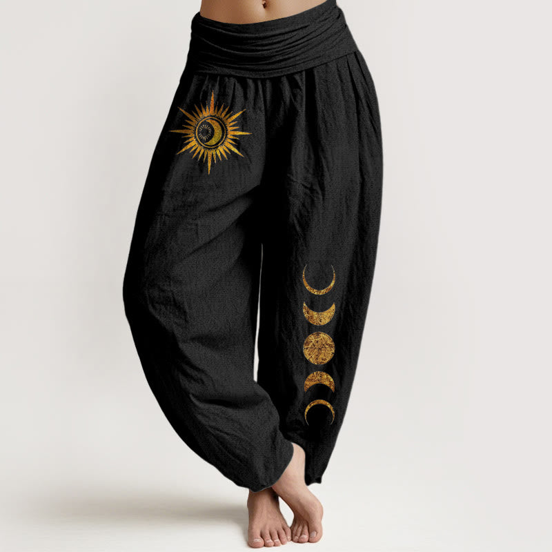 Buddha Stones Pure Cotton Gold Sun Moon Phases Pattern Women's Elastic Waist Harem Pants - Black - US16，UK/AU20，EU48 (3XL) - image 0
