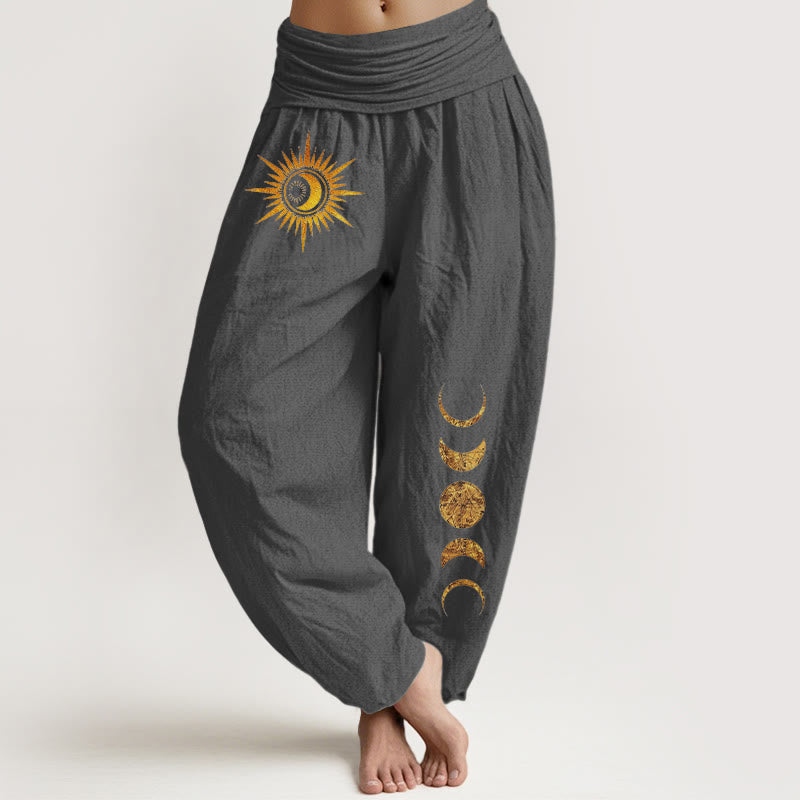 Buddha Stones Pure Cotton Gold Sun Moon Phases Pattern Women's Elastic Waist Harem Pants - DimGray - US16，UK/AU20，EU48 (3XL) - image 11