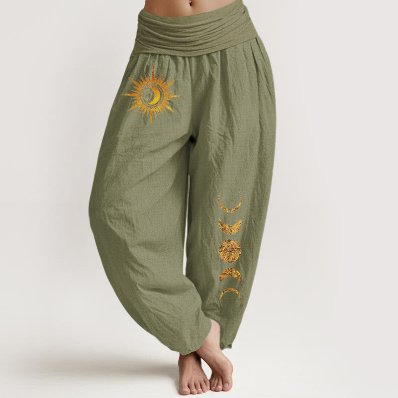Buddha Stones Pure Cotton Gold Sun Moon Phases Pattern Women's Elastic Waist Harem Pants - OliveDrab - US16，UK/AU20，EU48 (3XL) - image 14