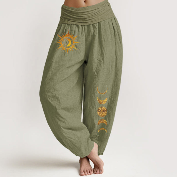Buddha Stones Pure Cotton Gold Sun Moon Phases Pattern Women's Elastic Waist Harem Pants - OliveDrab - US16，UK/AU20，EU48 (3XL) - image 14