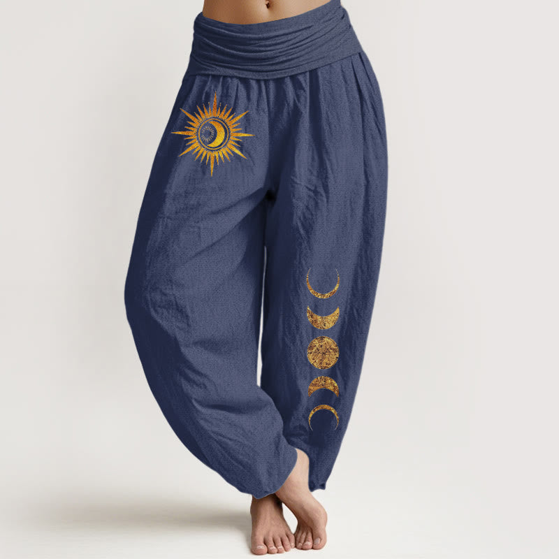 Buddha Stones Pure Cotton Gold Sun Moon Phases Pattern Women's Elastic Waist Harem Pants - DarkSlateBlue - US16，UK/AU20，EU48 (3XL) - image 8