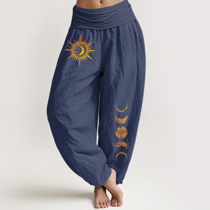 Buddha Stones Pure Cotton Gold Sun Moon Phases Pattern Women's Elastic Waist Harem Pants - DarkSlateBlue - US16，UK/AU20，EU48 (3XL) - image 8