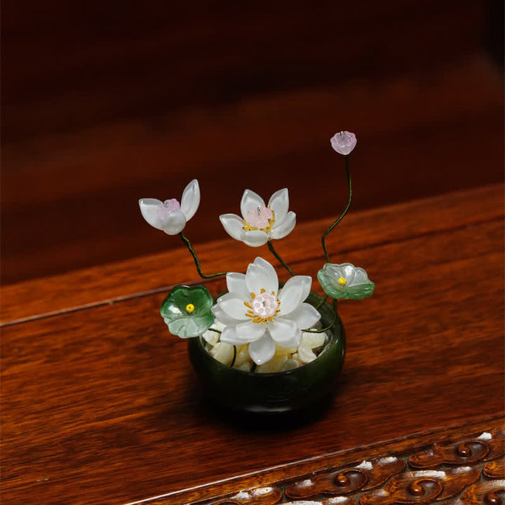 Buddha Stones Lotus Liuli Flowerpot Handmade Mindful Living Decor - White - image 6