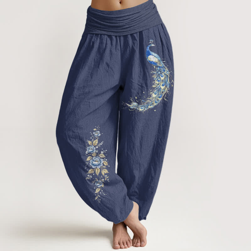 Buddha Stones Pure Cotton Peacock Bloom Pattern Women's Elastic Waist Harem Pants - DarkSlateBlue - US16，UK/AU20，EU48 (3XL) - image 0