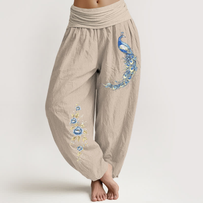 Buddha Stones Pure Cotton Peacock Bloom Pattern Women's Elastic Waist Harem Pants - Tan - US16，UK/AU20，EU48 (3XL) - image 5
