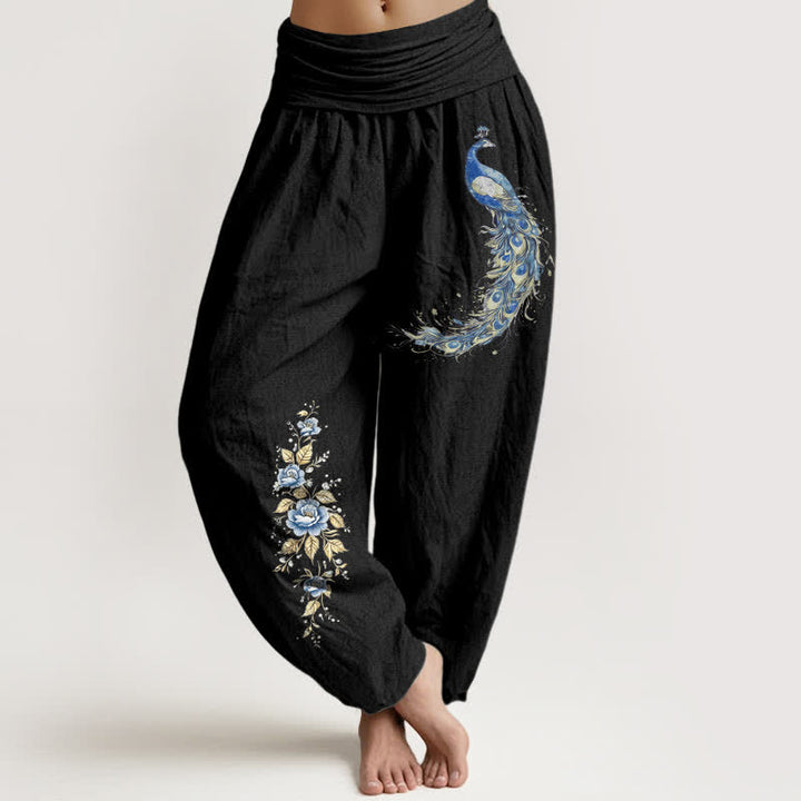 Buddha Stones Pure Cotton Peacock Bloom Pattern Women's Elastic Waist Harem Pants - Black - US16，UK/AU20，EU48 (3XL) - image 8