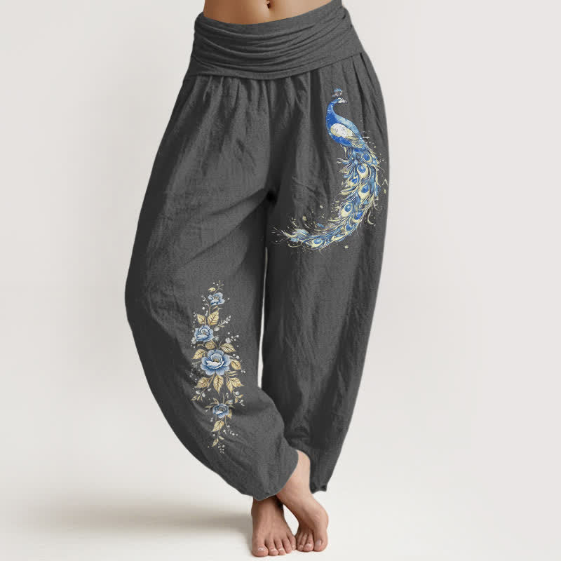 Buddha Stones Pure Cotton Peacock Bloom Pattern Women's Elastic Waist Harem Pants - DimGray - US16，UK/AU20，EU48 (3XL) - image 11