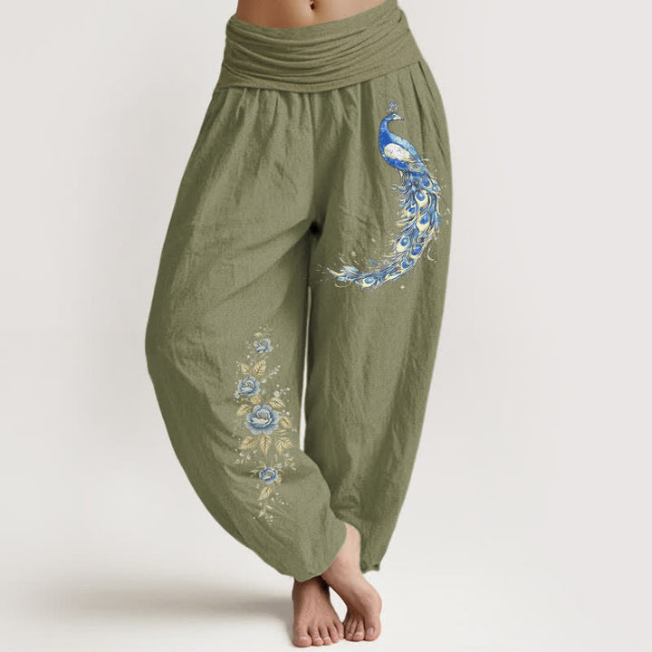 Buddha Stones Pure Cotton Peacock Bloom Pattern Women's Elastic Waist Harem Pants - OliveDrab - US16，UK/AU20，EU48 (3XL) - image 14