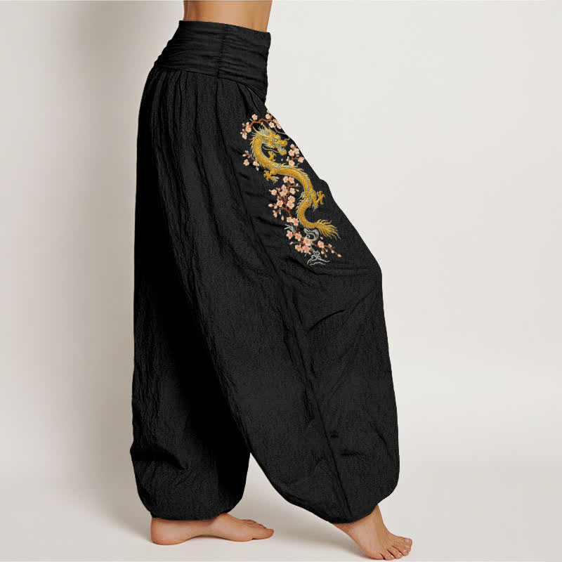 Buddha Stones Pure Cotton Golden Dragon Pink Blossom Pattern Women's Elastic Waist Harem Pants - image 1