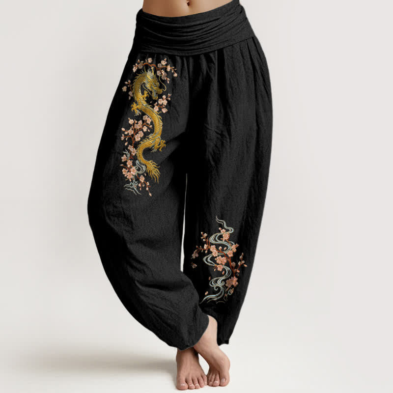 Buddha Stones Pure Cotton Golden Dragon Pink Blossom Pattern Women's Elastic Waist Harem Pants - Black - US16，UK/AU20，EU48 (3XL) - image 0