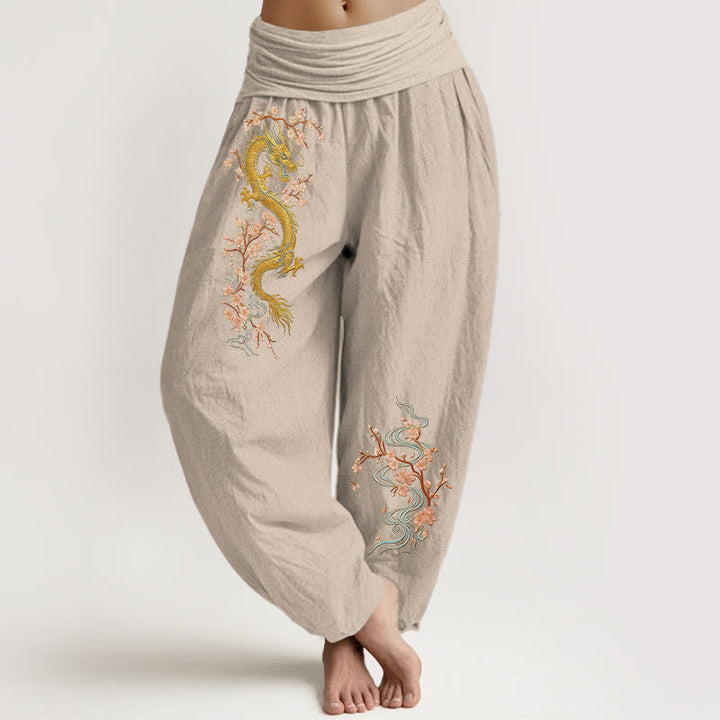 Buddha Stones Pure Cotton Golden Dragon Pink Blossom Pattern Women's Elastic Waist Harem Pants - Tan - US16，UK/AU20，EU48 (3XL) - image 5