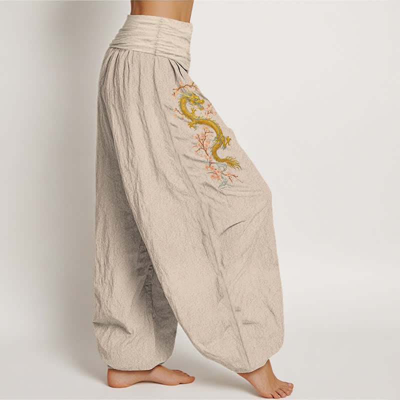Buddha Stones Pure Cotton Golden Dragon Pink Blossom Pattern Women's Elastic Waist Harem Pants - image 6