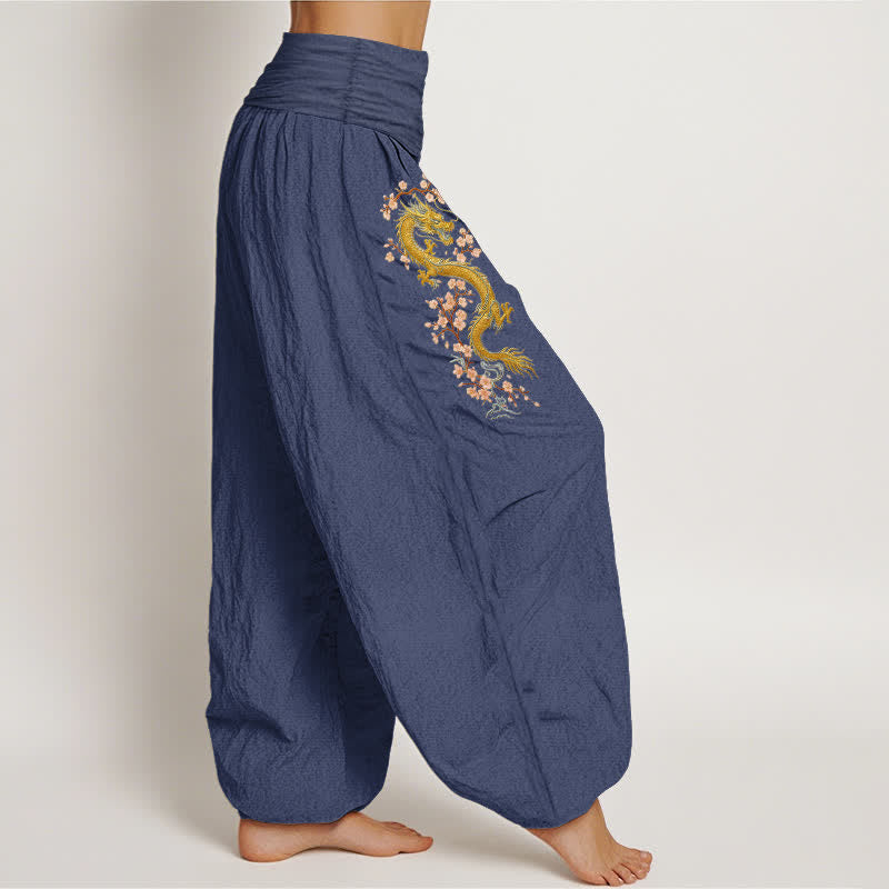 Buddha Stones Pure Cotton Golden Dragon Pink Blossom Pattern Women's Elastic Waist Harem Pants - image 9