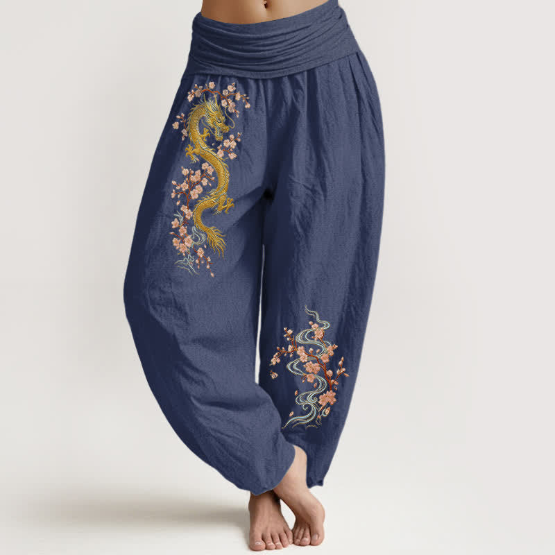 Buddha Stones Pure Cotton Golden Dragon Pink Blossom Pattern Women's Elastic Waist Harem Pants - DarkSlateBlue - US16，UK/AU20，EU48 (3XL) - image 8