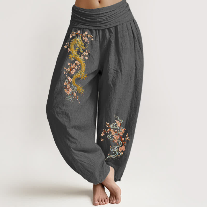 Buddha Stones Pure Cotton Golden Dragon Pink Blossom Pattern Women's Elastic Waist Harem Pants - DimGray - US16，UK/AU20，EU48 (3XL) - image 11