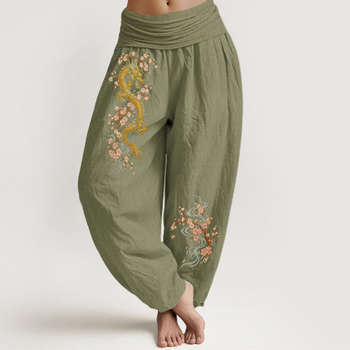 Buddha Stones Pure Cotton Golden Dragon Pink Blossom Pattern Women's Elastic Waist Harem Pants - OliveDrab - US16，UK/AU20，EU48 (3XL) - image 14