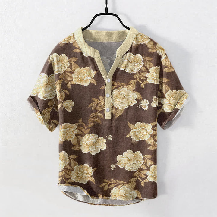 Buddha Stones Cotton Vintage Peony Bloom Pattern Men's Short Sleeve Half Button Shirt - SaddleBrown - US/UK/AU50，EU60 (5XL) - image 3