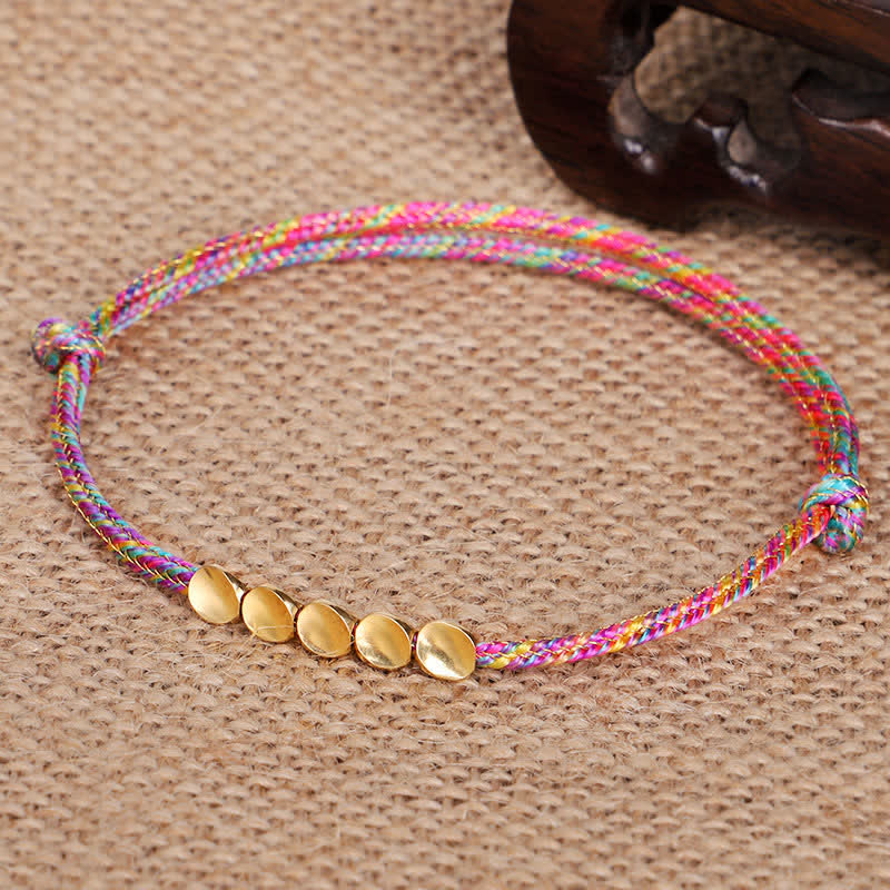 Buddha Stones Rainbow Multicolor Braided String Golden Copper Beads Luck Bracelet - image 1