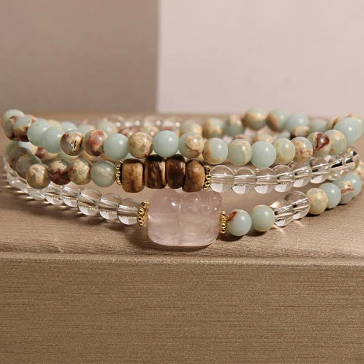 Buddha Stones Rhodonite Clear Quartz Rose Quartz PiXiu Triple Wrap Bracelet - Shoushan Stone(Wrist Circumference:17–18 cm) - image 10