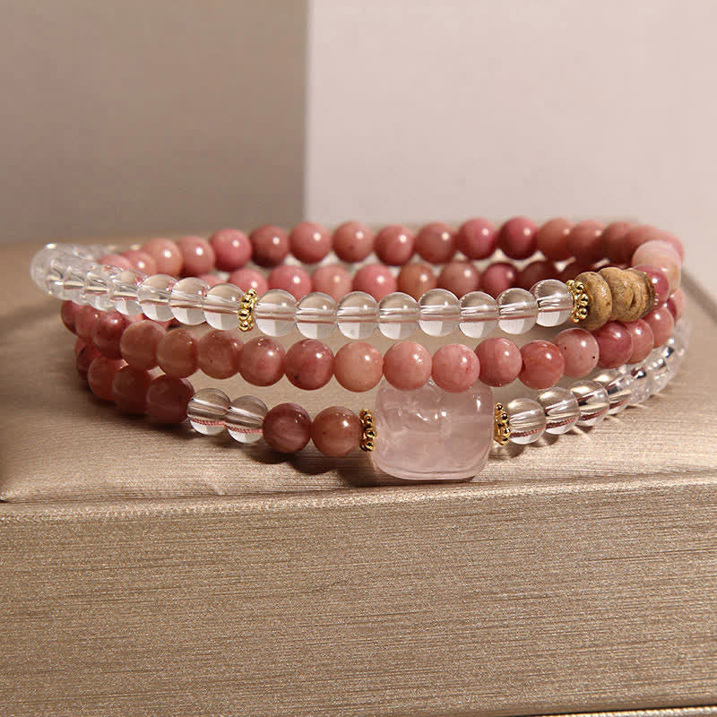 Buddha Stones Rhodonite Clear Quartz Rose Quartz PiXiu Triple Wrap Bracelet - image 2